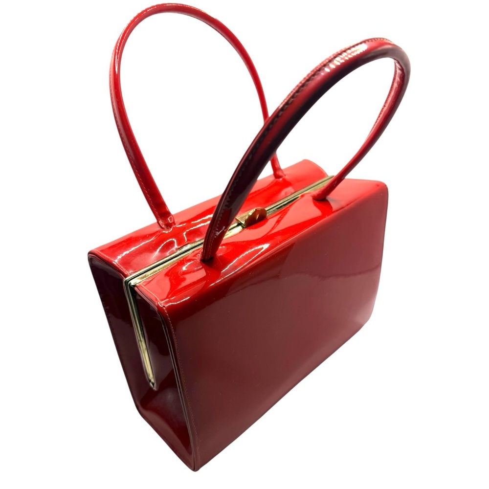 Vintage 1960s Red Patent Leather Handbag Top Handle Purse Structured Kelly Style